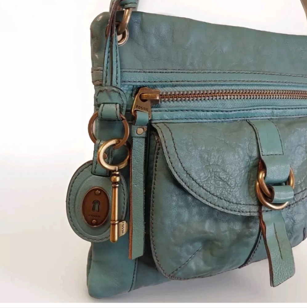 Fossil Sasha Turquoise Distressed Leather Purse Crossbody Bag Coastal Cowgirl - Picture 9 of 14